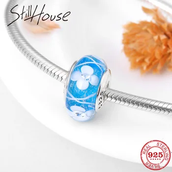 

Genuine 925 Sterling Silver Spring Flowers Blue Murano Glass Beads Fit Original Pandora Charm Bracelets & Bangles DIY Jewelry