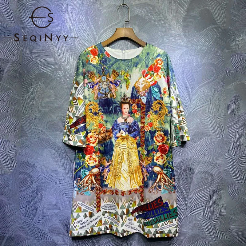 

SEQINYY Vintage Straight Dress 2020 Summer Spring New Fashion Design Women Runway High Quality Crystal Flowers Print Mini