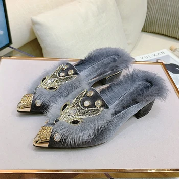 

Womens Pointy Metal Toe Fur Rhinestones Crystal Fox Decor Warm Winter Mules Block Heel Shoes Furry New 2020 Black Gray