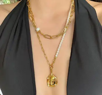 

Timeless Wonder Brass Geo Faux Pearl Layered Chains Necklace Women Jewelry Punk Designer Ins Statement Top Trendy Boho Rare 1441
