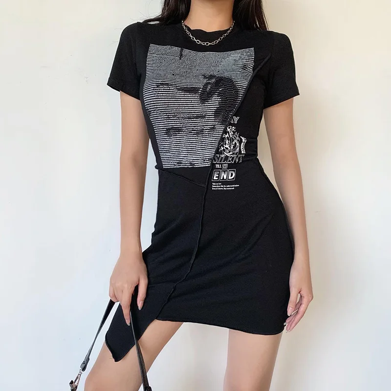 InstaHot women patchwork slim mini dress short sleeve printed round neck asymmetric hem streetwear casual cotton dresses 2020