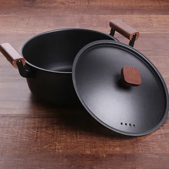 

Ancient iron household double ear soup rice noodle pot hot milk pot uncoated non stick stewpot wooden handle stew pan saucepot
