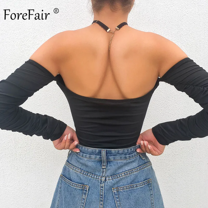 Forefair, сексуальный боди, черный, с открытыми плечами, с длинным рукавом, с открытой спиной, Одноцветный, обтягивающий, с вырезом лодочкой, для клуба, осень, боди для женщин