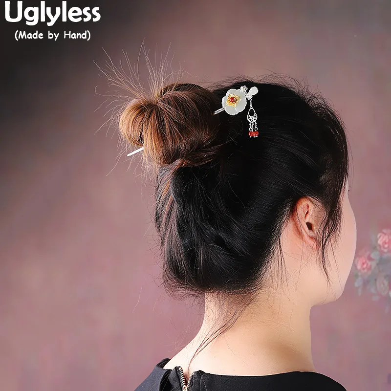 

Uglyless Eastern Beauty Ethnic Hair Sticks for Women Solid 925 Silver Tassels Hairpins Jade Plum Blossom Magnolia Hair Jewelry