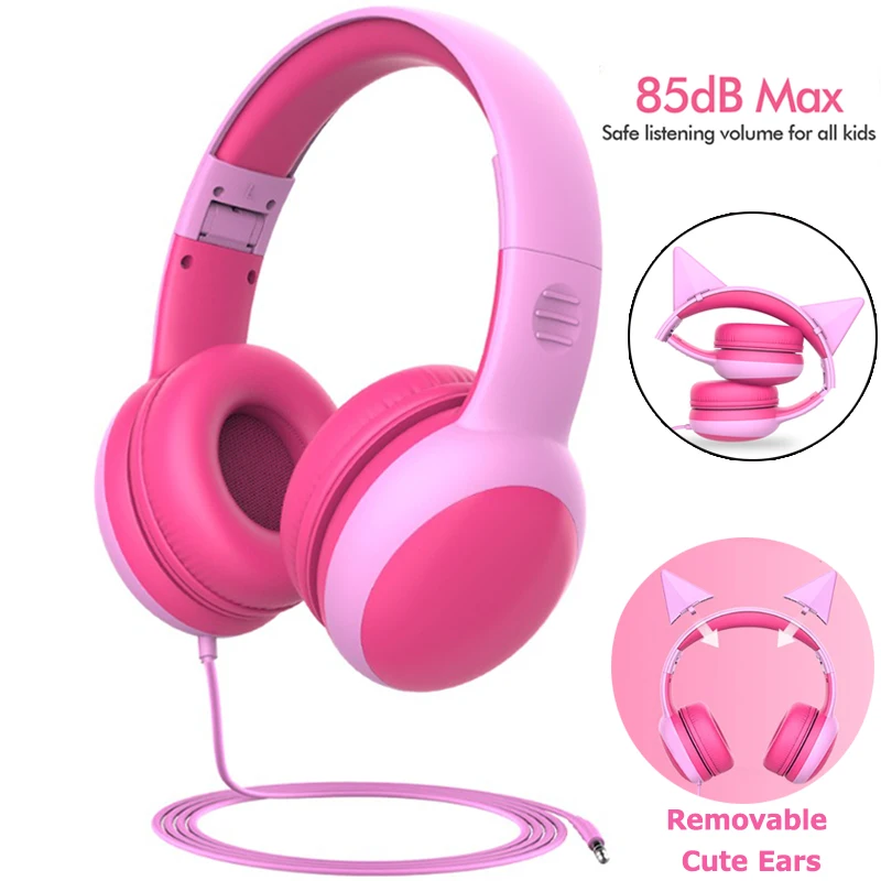 Kids Headphones Foldable Adjustable Limited Volume Headphone with Decorative Ears for Boys Girls Children Wired Headset