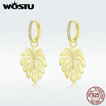 

WOSTU Gennuie 925 Sterling Silver Drop Earrings Classic Golden Color Monstera Leaf CZ Earrings 2020 Hot Fashion Jewelry BNE223