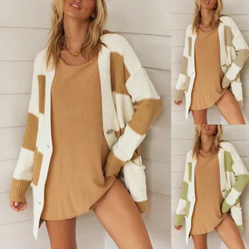 

Fashion Women Stripes Patchwork O-Neck Long Sleeves Sweater Cardigan Blouse Tops