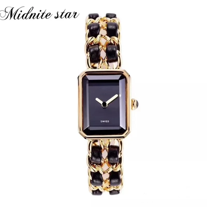 

Hot selling real Leather Watch double chain link twist Quartz Wrist watch Women 2 layer rectangle stainless steel Women Watch