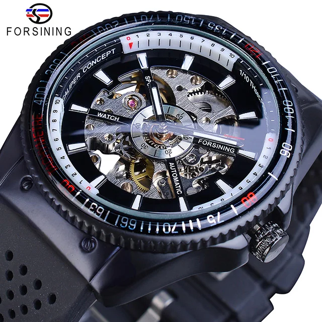 Forsining вращающийся ободок спортивный дизайн силиконовый ремешок мужские часы лучший бренд класса люкс автоматические черные модные повседневные часы - Цвет: GMT963-1