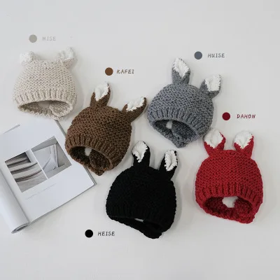 Осенне-зимняя теплая детская шапка с ушками кролика и кролика Skullies Beanies, модные аксессуары для мальчиков и девочек-QNC