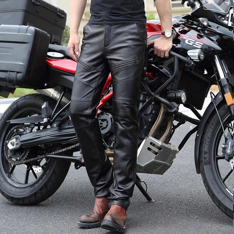 US $131.92 New Genuine Leather Pants Men Real Sheepskin Motorcycle Biker Male Trousers Spring Autumn Winter Thick Warm Black Straight Pants
