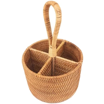 

Quality Hand-Woven Rattan Storage Basket Portable Round Four Compartment Storage Fruit Basket Fruit Basket Straw Gourmet Orcha