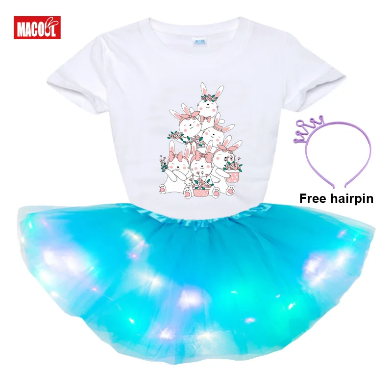 

Girls Kids Dress Clothes Short T-shirt+ Glow Sequins Skirts Dress Set 2021 Summer Clothing Birthday Custom Luminous Skirt Suit