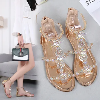 

Bohemian style transparent one character with rhinestone root flat sandals Roman flat bottom with toe one character button