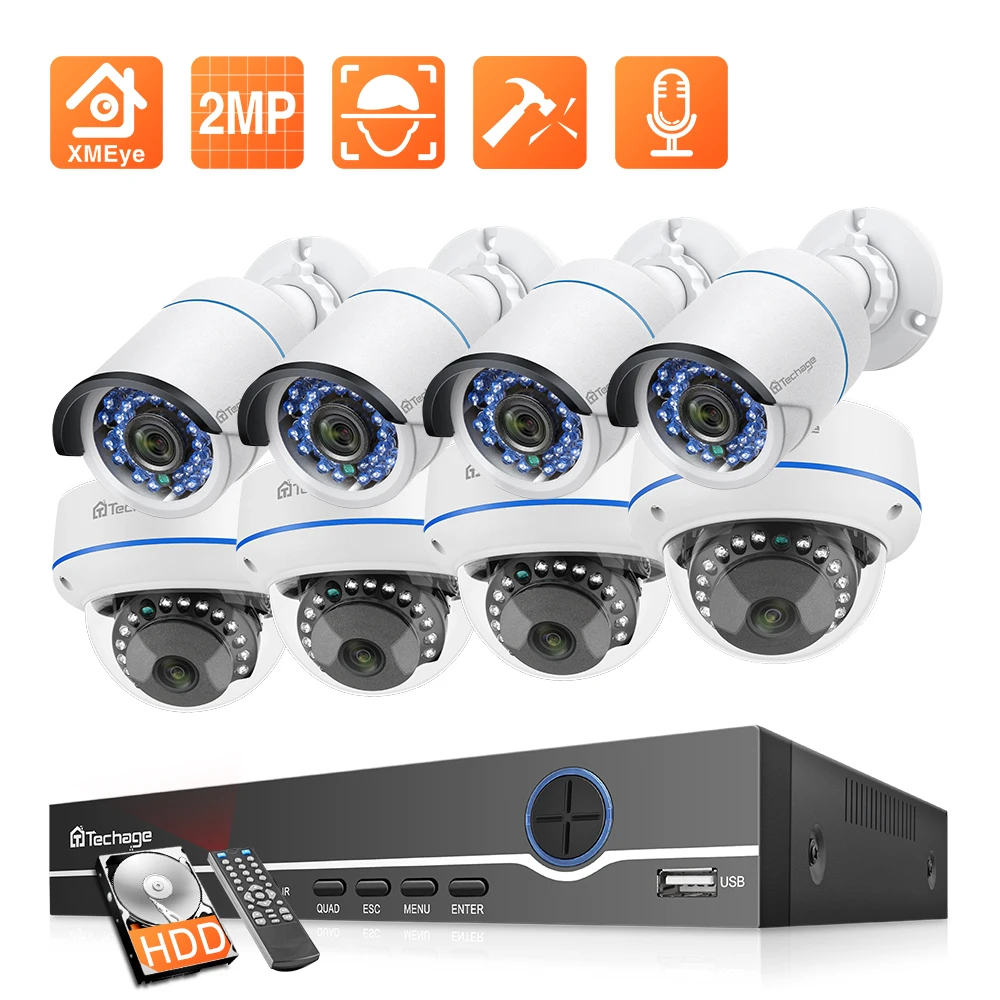 Techage 8CH 2MP POE NVR комплект H.265 охранная камера P2P видео CCTV система видеонаблюдения