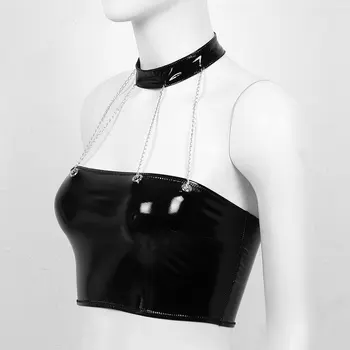 

Womens Fashion Pole Party Dance Wet Look Patent Leather Halter Neck Strapless Back Zip Up Bandeau Crop Tops for Party Clubwear