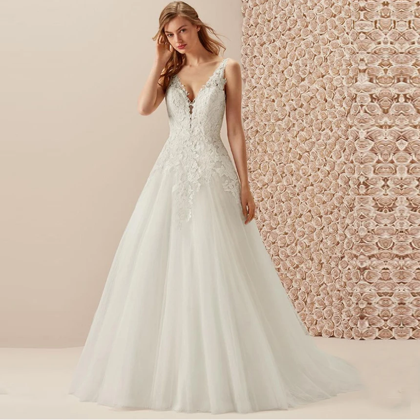 

A-Line Simple Wedding Dresses 2019 New V Neck Floor Length Lace Applique Backless Wedding Dress Custom Made Bridal Gowns