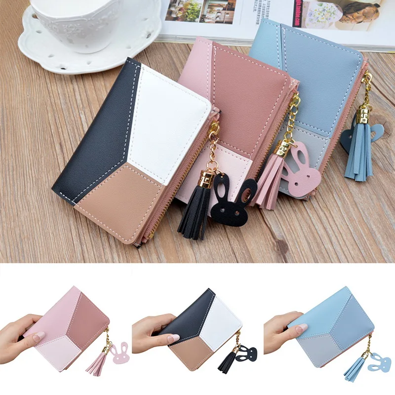Women Zip Short Wallet Stitching Change PU Leather Tassel Trendy Coin Purse Bag Patchwork Panelled Wallets Card Holder