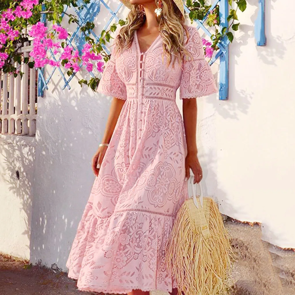 

Zerotime #W401 FASHION Women's V-Neck Short-Sleeved Openwork Single-Breasted Lace Dress платье женское vestidos Free Shipping