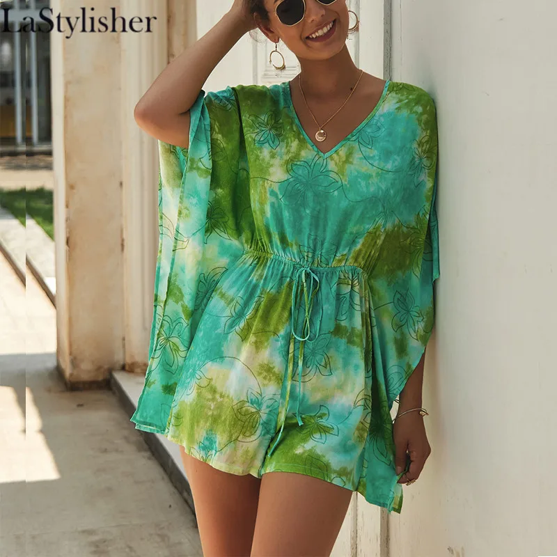 Batwing Sleeve Rompers Womens Jumpsuit Blue Yellow Red Summer Wide V Neck Lace Up Body Suits 2019 New Streetwear |