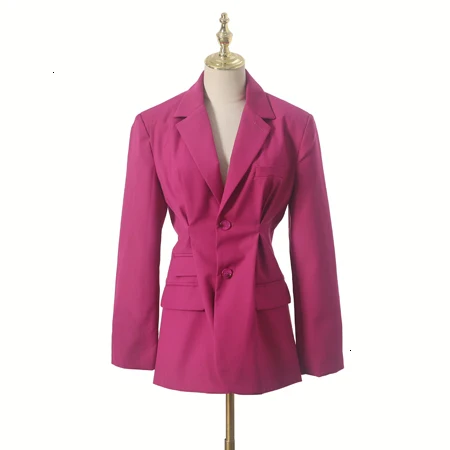 [LIVIVIO] лето OL однотонный блейзер для женщин воротник с лацканами длинный рукав кнопка пальто-туника Топ Женская мода новая одежда - Цвет: rose