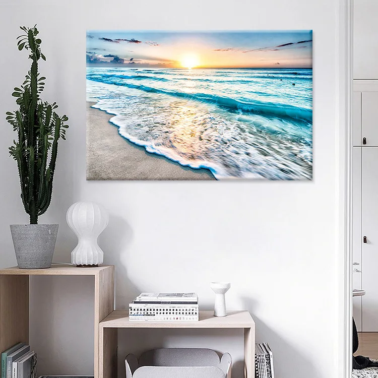 

Northern European-Style Modern Seaside Sunrise Beach Sea Scenery Canvas Painting Living Room Decorative Painting wu kuang hua xi
