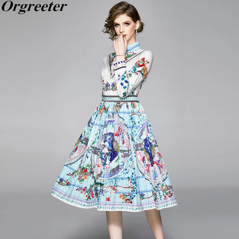 

2020 Fashion Runway Spring Autumn Dress Women's Charming Crystal Tassel Pattern Floral Print Pleated Midi Vintage Dress