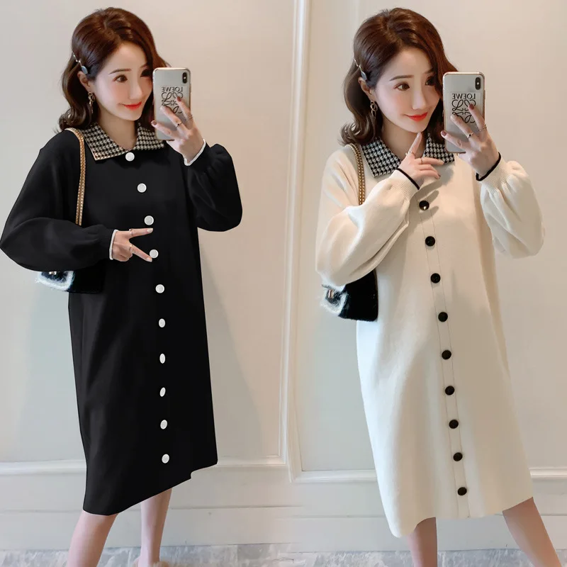 

Photo Shoot Winter Maternity Clothes Loose Fashion Thousands of Birds Fold-down Collar Knitted Sweater Button Mid-length Large S