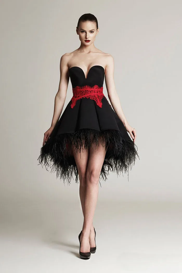 

Vestidos De Formatura Curto Sweetheart Corset Red Lace Black Feather High Low Prom gown Special Occasion bridesmaid dresses