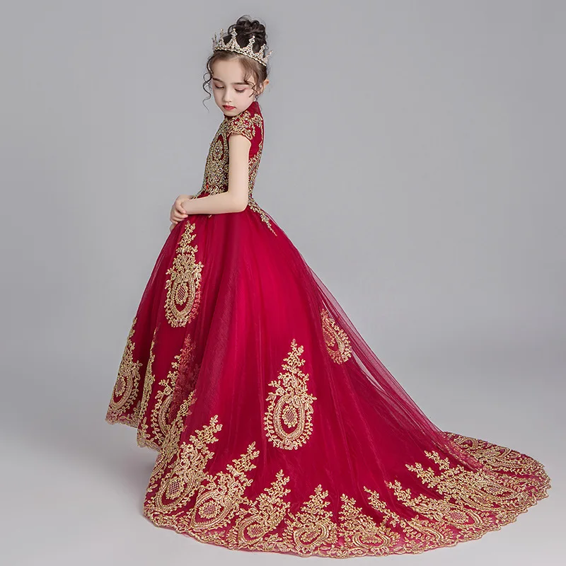

Red Princess Dress Girls Puffy Host Costume Little Girl Model Catwalks Western Style CHILDREN'S Dress Tailing