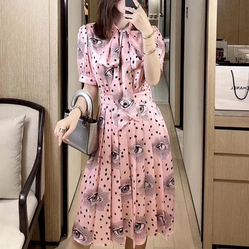 

Bohemia Vintage Print Flowers Short Sleeve Bow Slim Temperament Party Pleated Dress Runway Spring Summer High Quality New Women