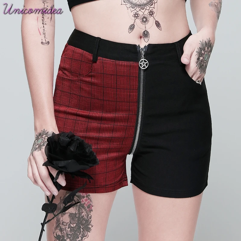 

Summer Gothic Black Vintage Punk OL Ladies Women High Waist Shorts Straight Thin Zipper Pathwork Female Fashion Goth Shorts