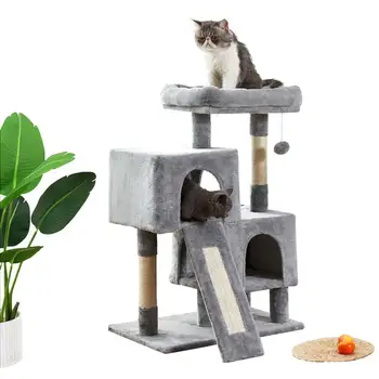 

Cat Tree Tower House Kitten Pets Play Climbing Sisal Scratching Post Cats Scratcher Activity Centre Toy Plush Gray Double Room