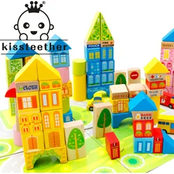 Kisteether bloques de construcción para niños, casa familiar de juguete, 100 piezas de tráfico urbano Barreled, juguete de madera grande tres en uno, regalo