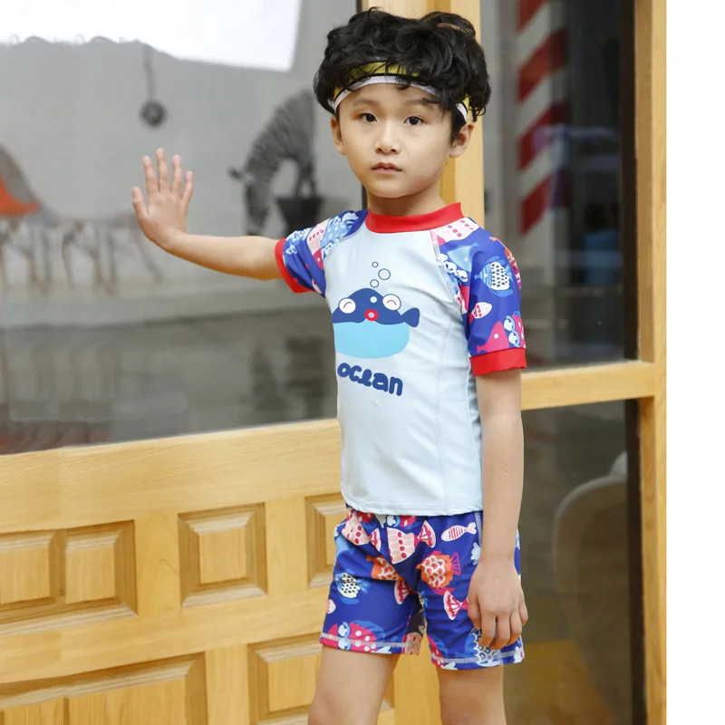 

KID'S Swimwear Baby Infant BOY'S Children Boxer Split Type Swimwear Half Sleeve Hooded Hot Springs Bathing Suit Boy