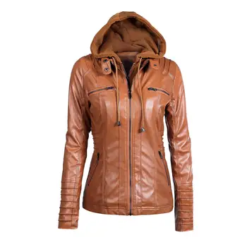 

2019 New Women Autumn and Winter Hooded Jacket Synthetic Leather Slim Motorcycle Detachable Hat Plus Size 5xl Pu Leather Jacket