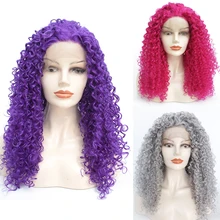 Афро кудрявый глубокий фиолетовый цвет серый розовый Красный синтетический парик фронта шнурка натуральный мягкий термостойкий косплей вечерние парики для женщин