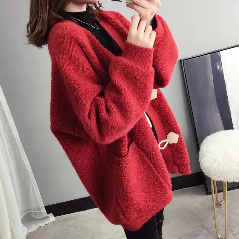 

Women Cardigan Red White Simple Casual Knitted Jacket Spring Autumn V-Neck Loose Basic Cardigan Sweater Plus Size Female Coat