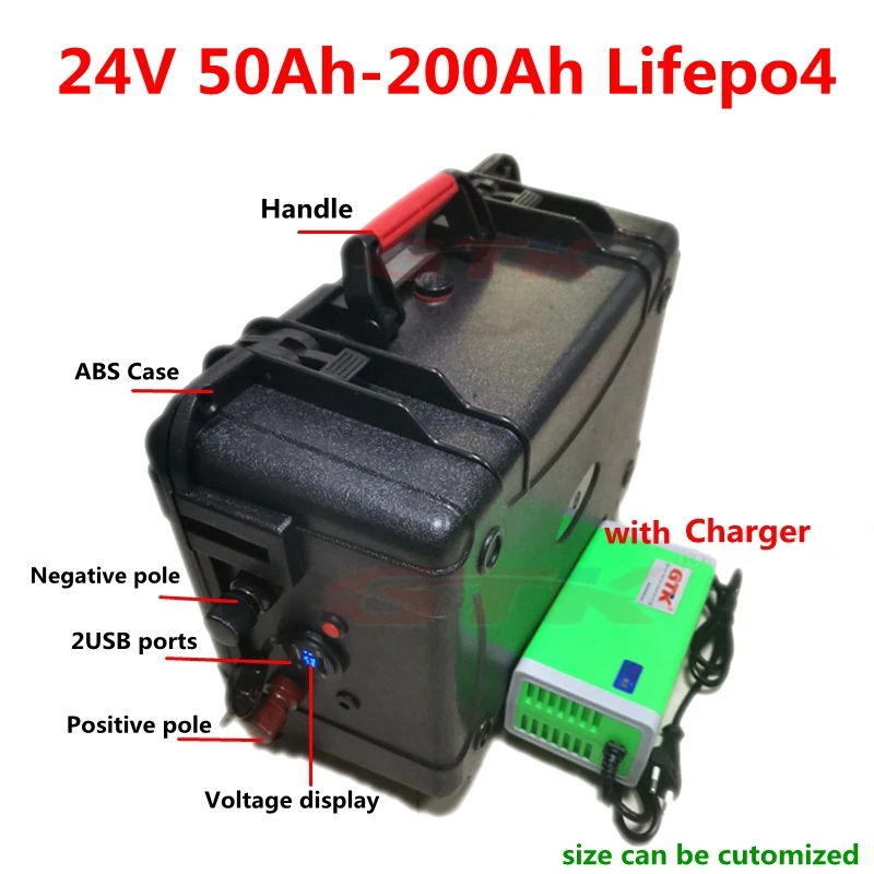 

Waterproof Lifepo4 24V 50Ah 60Ah 80Ah 100Ah 120Ah 150Ah 200Ah lithium battery with BMS for trolling motor inverter +10A Charger