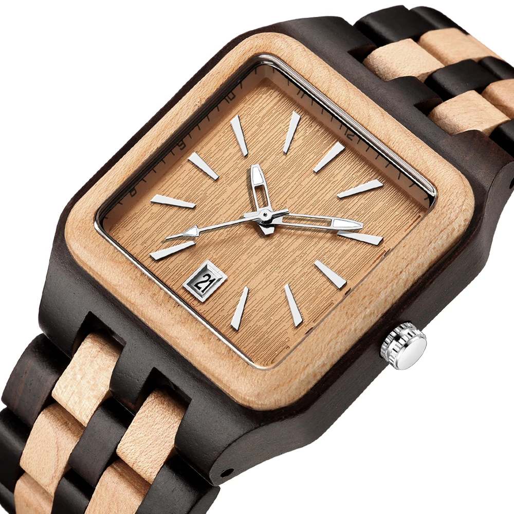 Square Wooden Wristwatch Men Quartz Wrist Watches Creative Man Clock Black Walnut Red Rose Full Wood Strap Date