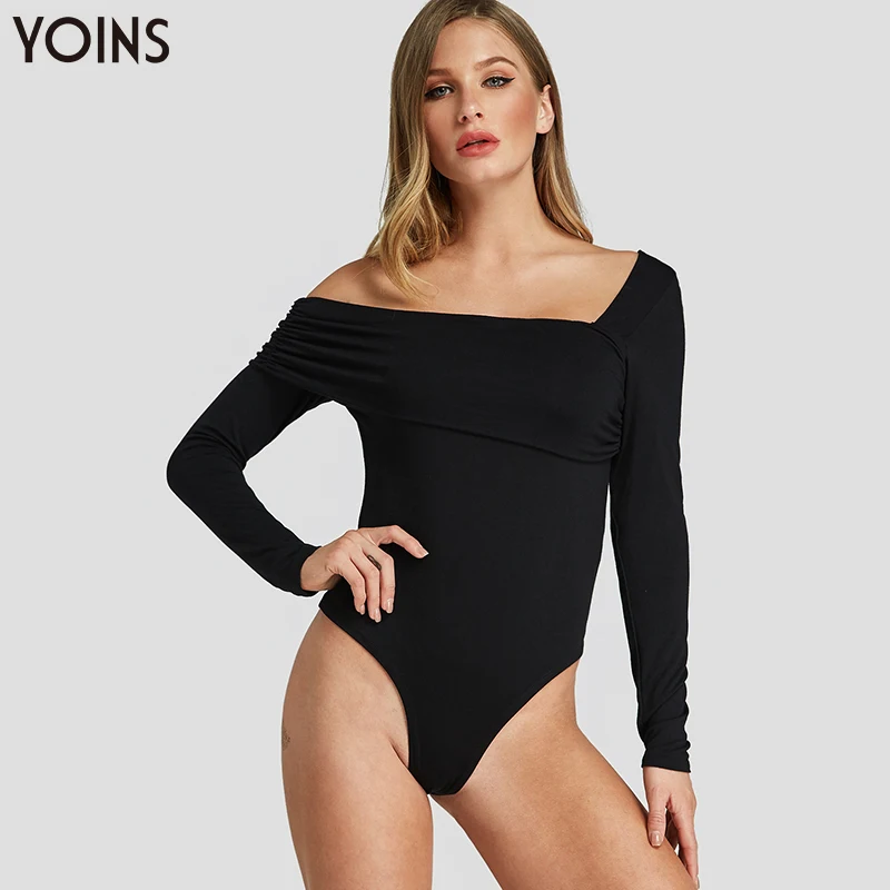 YOINS, женское стильное облегающее боди, Многоярусное, на одно плечо, с длинным рукавом, женское однотонное черное повседневное женское боди, элегантный топ