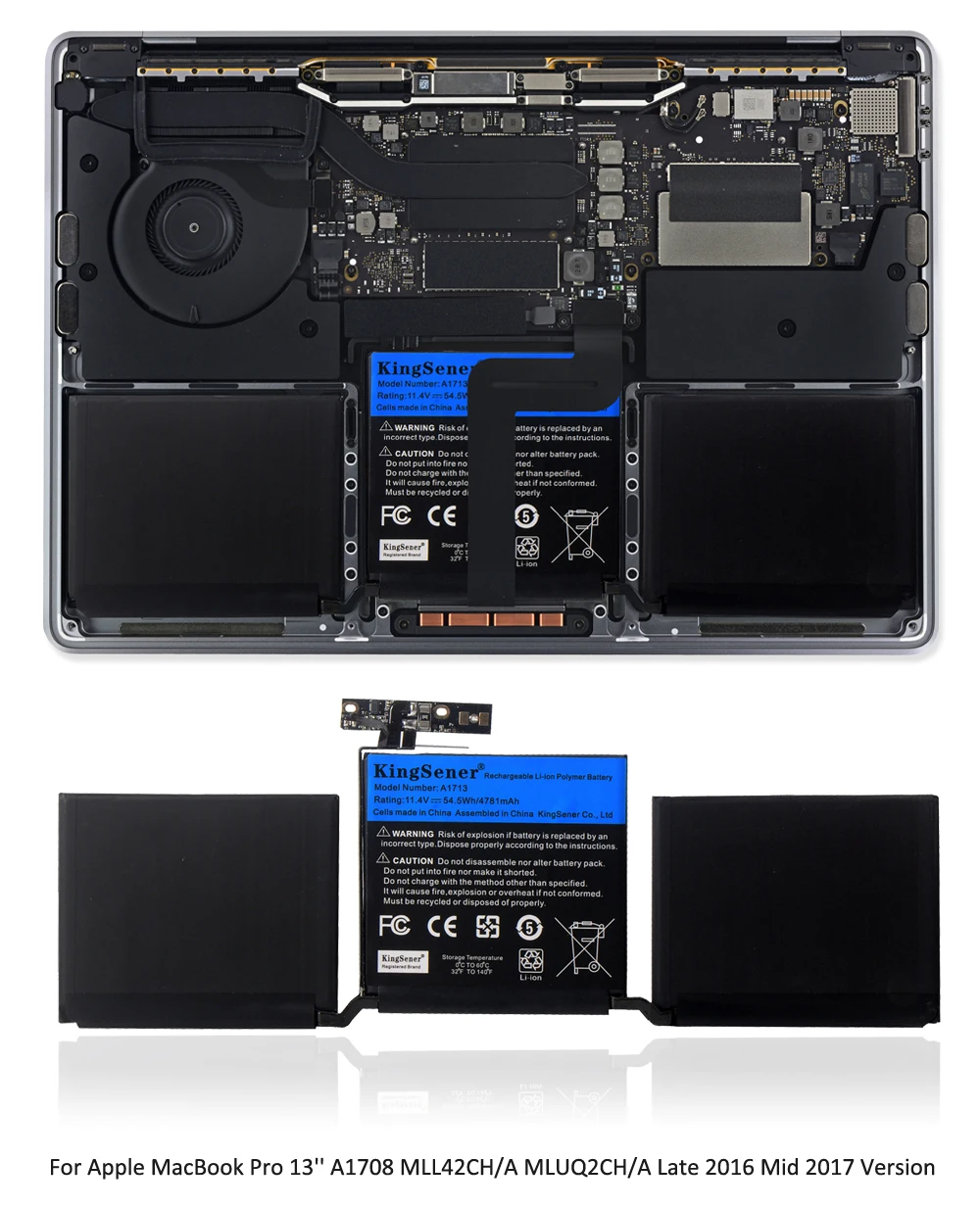 KingSener A1713 Laptop Battery for Apple MacBook Pro 13" A1708 2016 2017 EMC 2978 3164 020-00946 MLL42LL Batteria AKKU 4781mAh images - 6