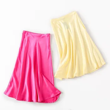 

summer Fashion yellow pink midi skirts womens Streetwear korean casual Boho high waist satin skirt