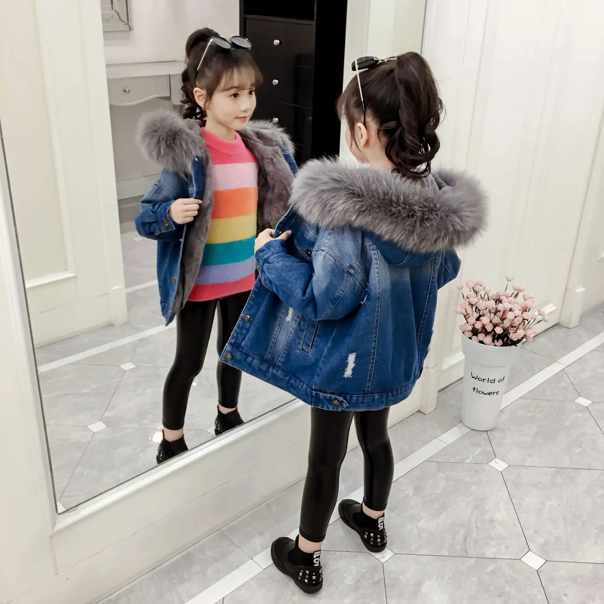 Зимняя джинсовая куртка для девочек Новинка года, длинные утепленные вельветовые пальто теплые хлопковые парки с капюшоном и меховым воротником для больших детей - Цвет: gray