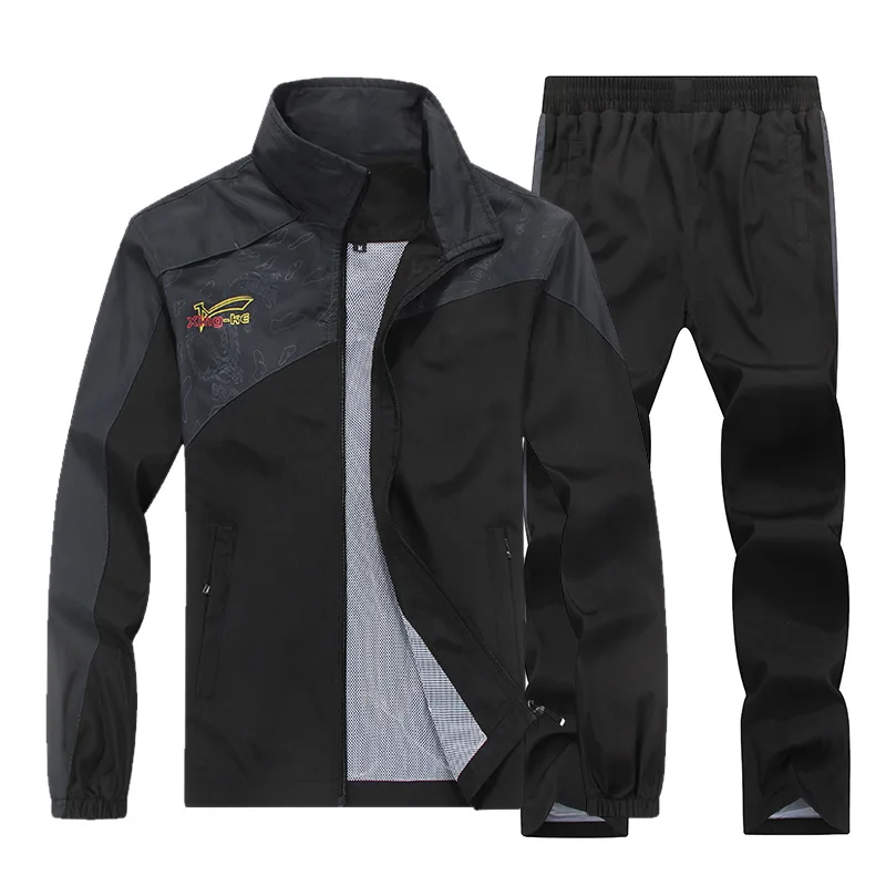 Мужские комплекты спортивной одежды, комплект из двух предметов, осенняя верхняя одежда, мужская одежда, брюки 5XL, ветрозащитная Повседневная куртка для отдыха, MOOWNUC, костюм для пар - Цвет: Black
