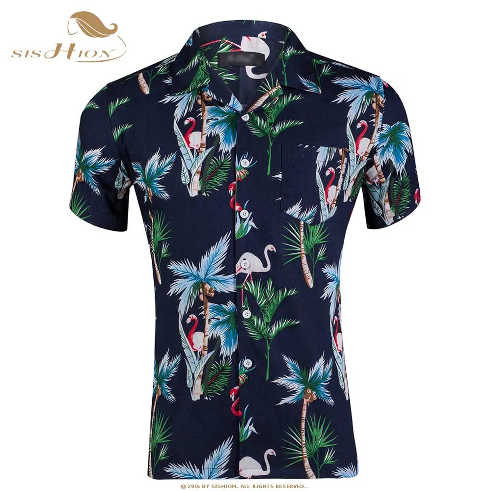 Navy Blue Рубашка с принтом SISHION мужская повседневная хлопковая рубашка на пуговицах с коротким рукавом QY0440 гавайская рубашка Топ Мужская одежда - Цвет: Navy Blue