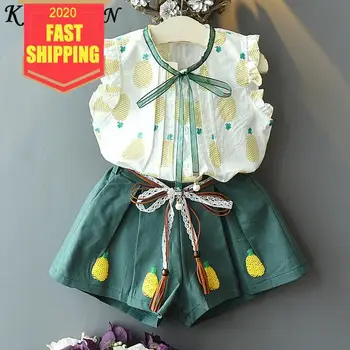 

Children Clothing Sets New Summer Kids Girl Printing Fruits Cool Suits Top and Pants 2Pcs Kids Outfits Ribbon Sets