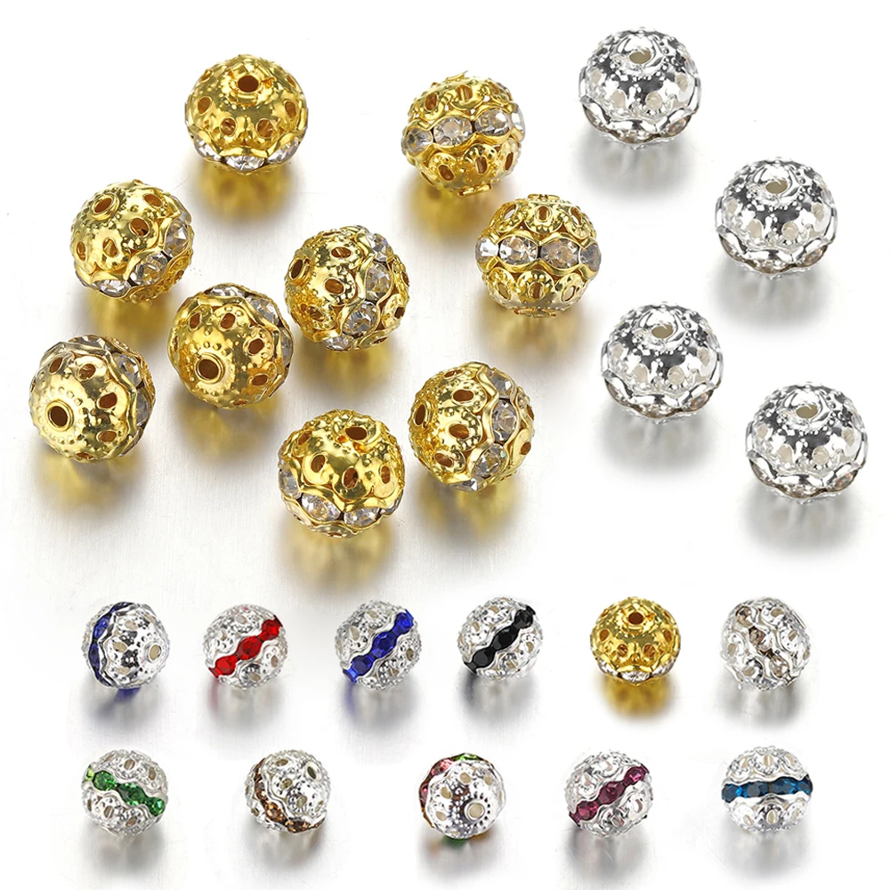 50pcs 8/10mm Rhinestone Beads Crystal Ball Round Loose Spacer Beads for Jewelry Making DIY Necklace Bracelet Accessories
