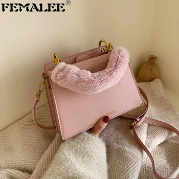 

Elegant Female Plush Portable Messenger Bag 2020 Winter Trendy PU Wild Small Square Totes Women Vintage Shoulder Crossbody Bag