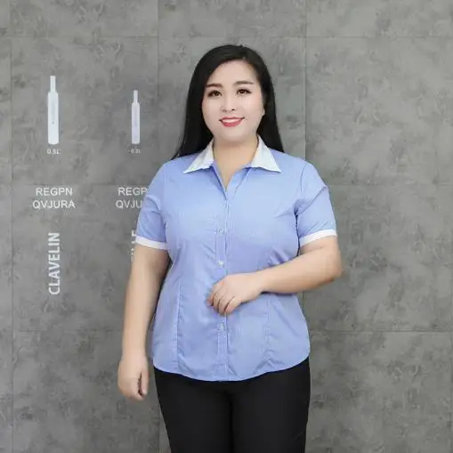 Blusas mujer de moda, женские блузы, летние, большие размеры, отложной воротник, блузка с коротким рукавом, полосатые синие рубашки J943